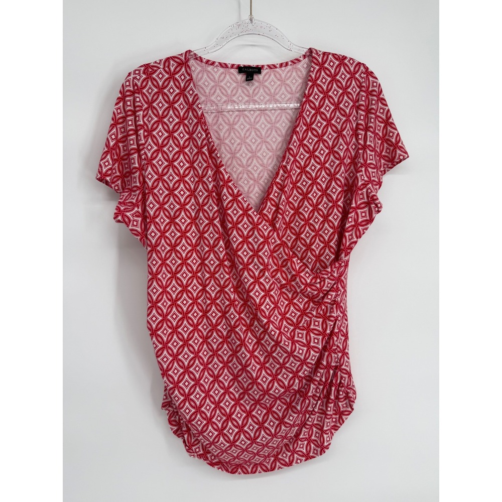 Talbots Womens Red Geometric Print Surplice V-Neck Ruched Short Sleeve Top Sz L